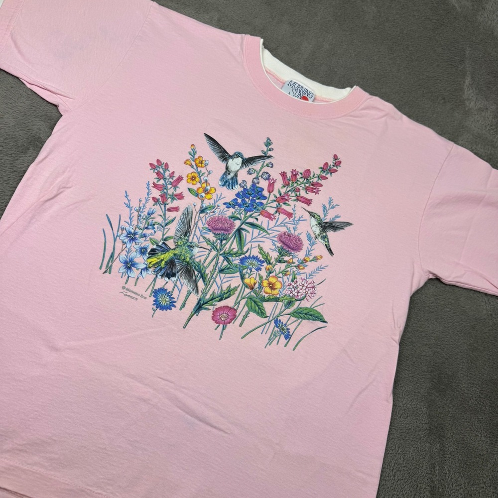 Morning Sun Hummingbird Floral T Shirt Womens L Pink Excellent Vintage 90s USA